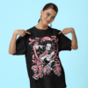 mockup of a woman pointing at her blinkstore crewneck t shirt in a studio m37677