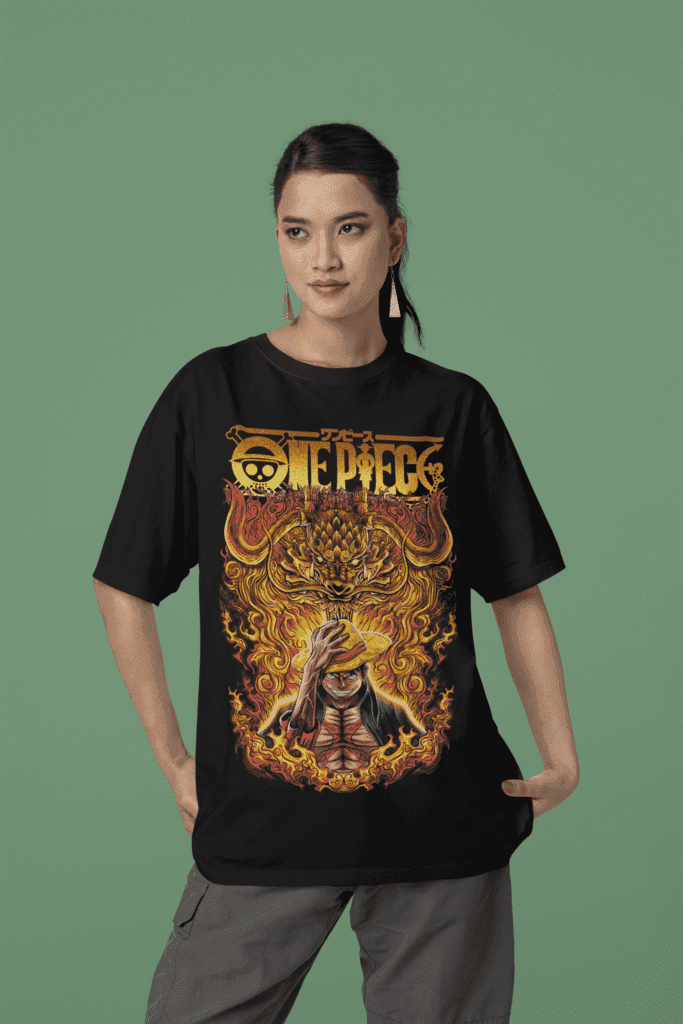 mockup of a woman wearing an oversized blinkstore tee in a studio m37650