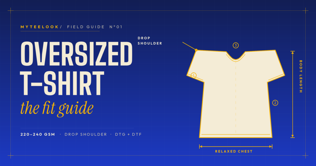 oversized t-shirt fit guide comparing drop shoulder and boxy fit on a model